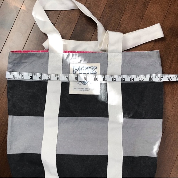PINK tote bag, gray and black with cream handles, pink interior - Picture 12 of 12